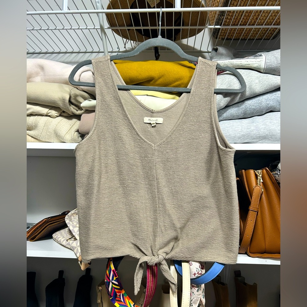 Women’s Madewell Beige Waffle Knit V Neck Knotted Crop Tank